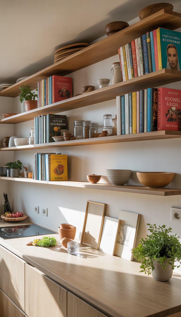 Open kitchen with wooden shelves holding books, kitchenware, and plants, illuminated by natural light.