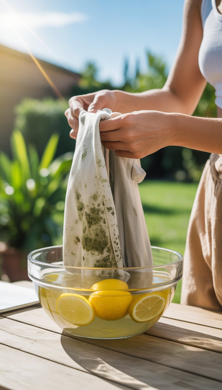 Hands soaking moldy clothes in lemon juice outdoors on a wooden table under sunlight with a garden in the background.