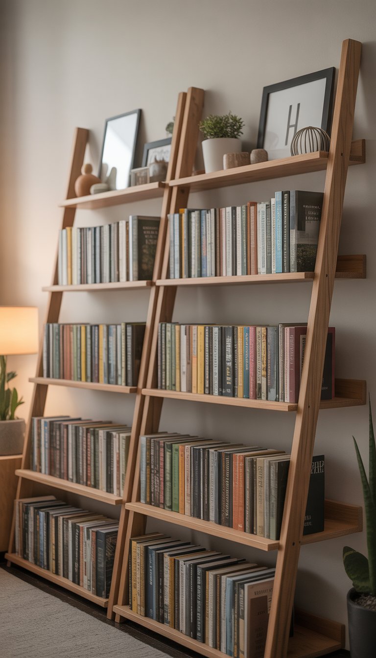 A ladder shelf leaning against a wall filled with books and decorative items in a tidy room.