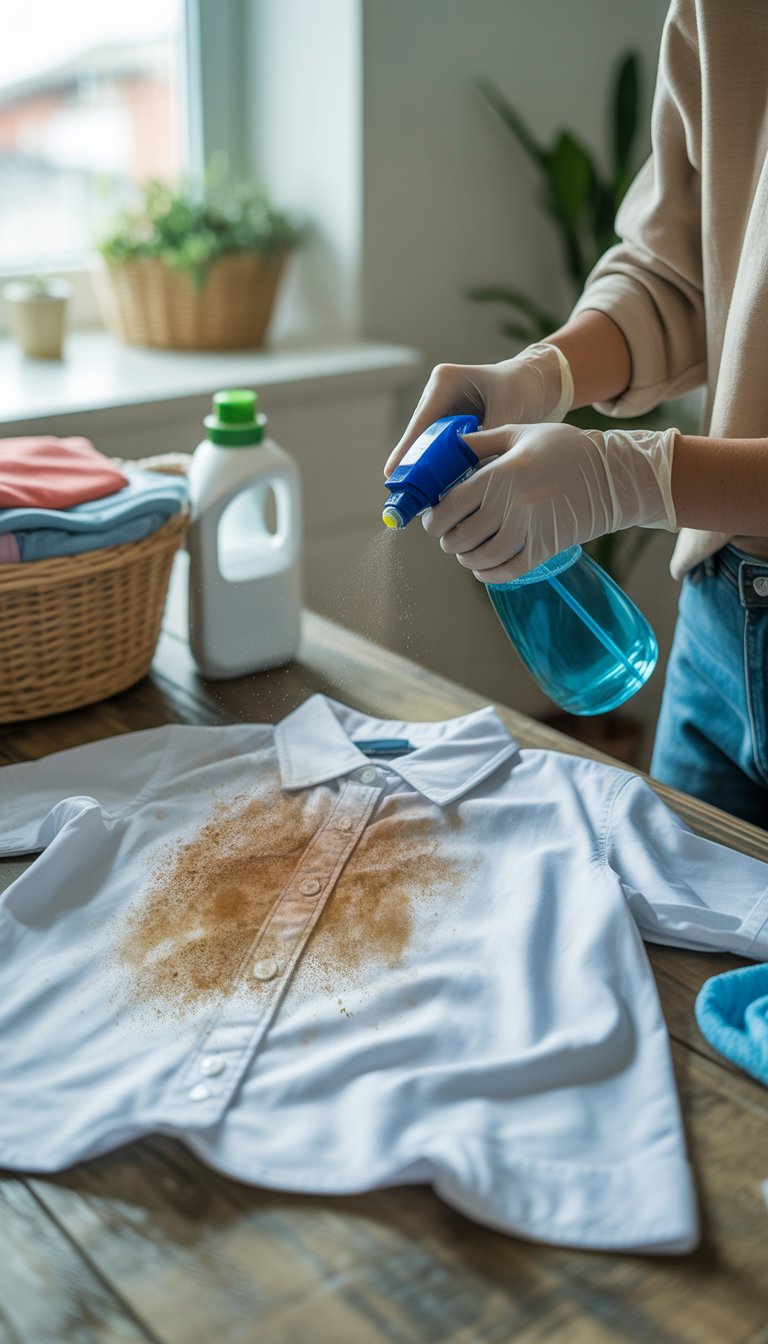 Person wearing gloves applying hydrogen peroxide to mold-stained clothes in a bright laundry room.