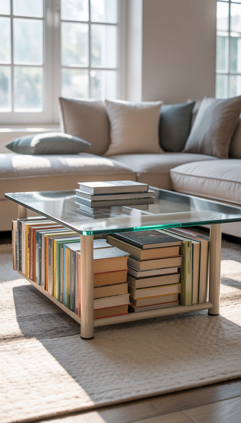 Living room with a glass coffee table displaying books stored underneath it, next to a sofa and a rug.