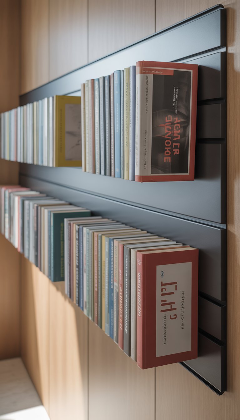 Thin paperback books held on magnetic strips attached to a clean interior wall.