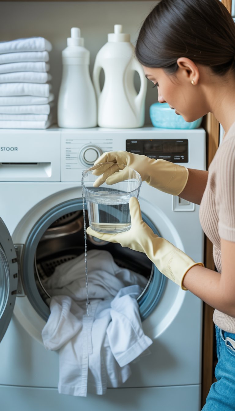Person pouring bleach into a washing machine filled with white clothes in a clean laundry room.