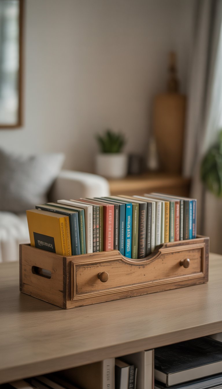 An old wooden dresser drawer used as a low-profile book holder filled with colorful books on a wooden surface indoors.