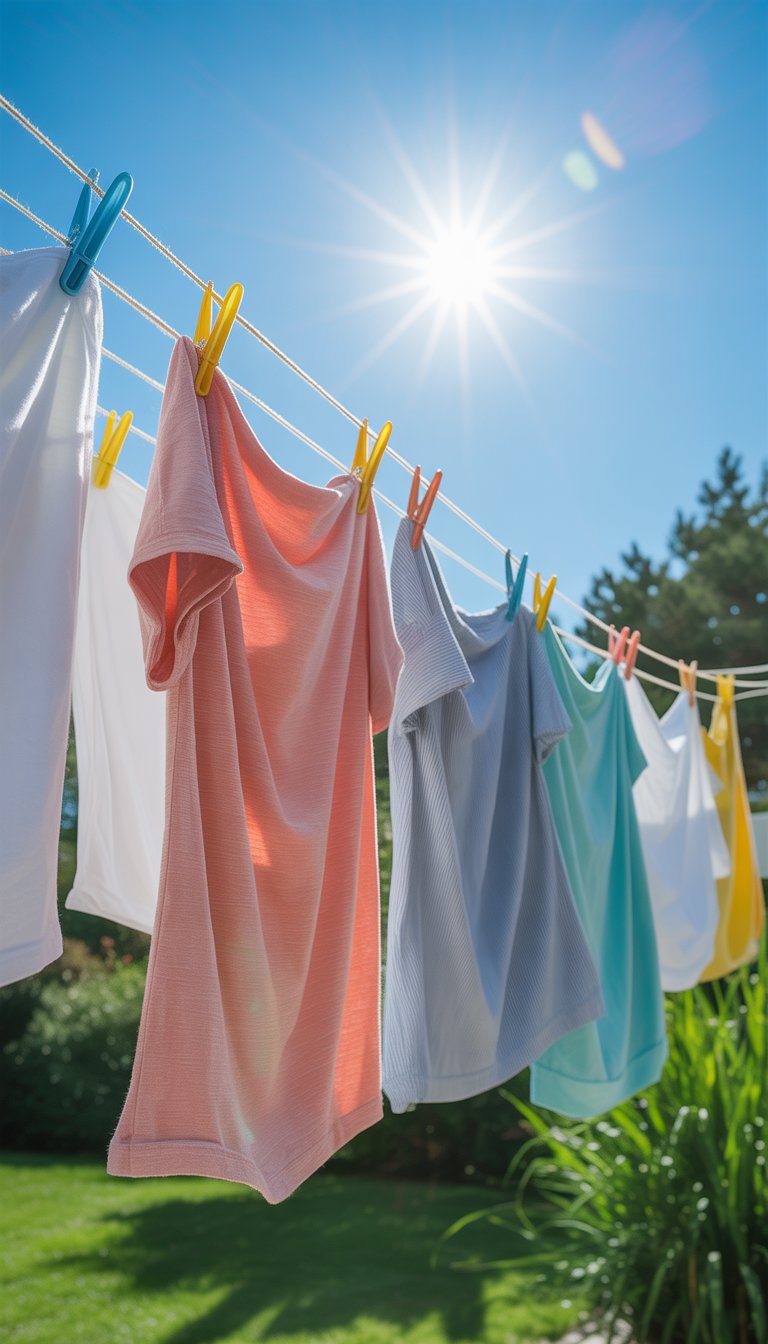 Clothes hanging on a clothesline outdoors in bright sunlight with a clear sky.