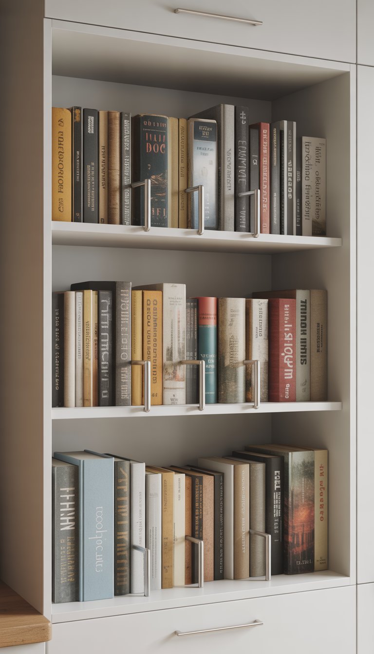 Books neatly organized inside a kitchen cabinet using vertical tension rods as dividers.
