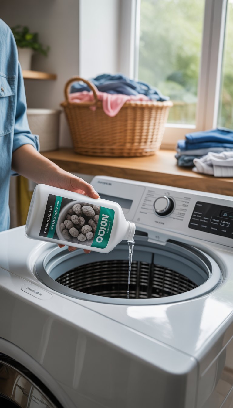 Person pouring mold-specific laundry detergent into a washing machine in a bright laundry room with folded clothes nearby.