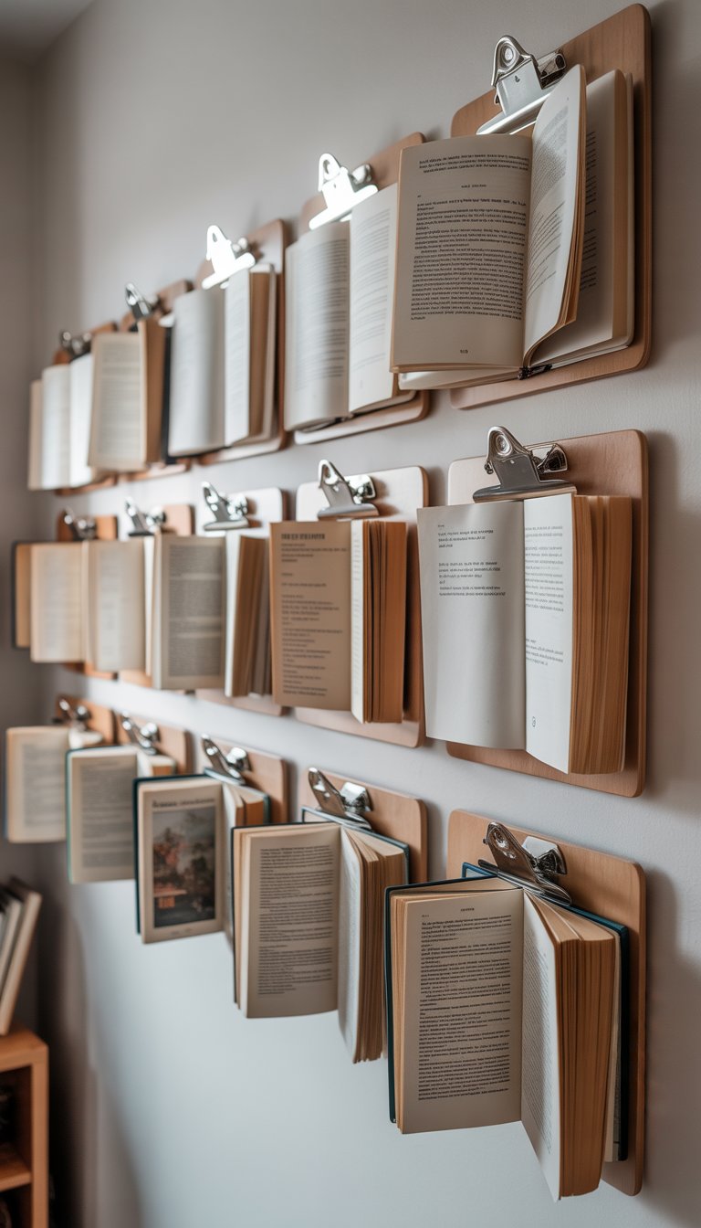 A wall with several wooden clipboards hanging in a row, each holding an open book clipped at the top for display.