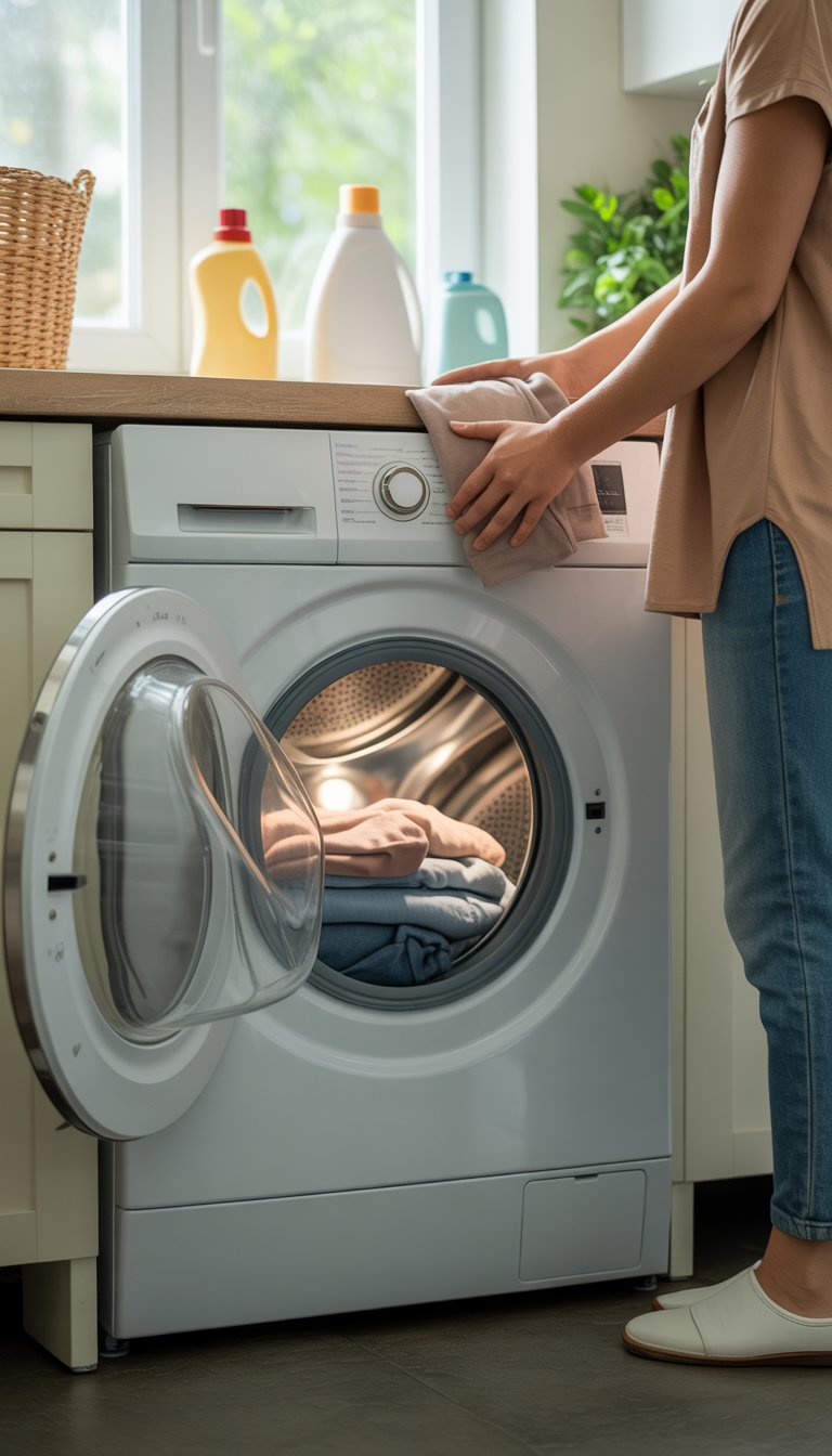 A person removing damp clothes from an open washing machine in a bright laundry room.