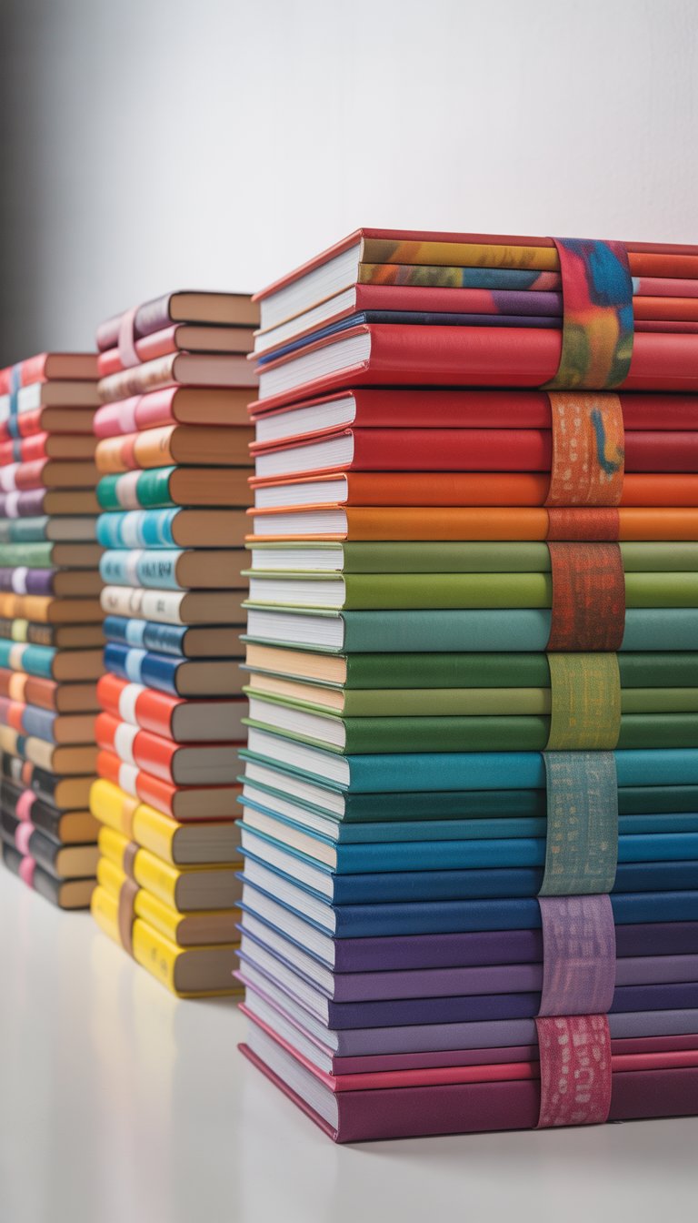 Stack of books wrapped with colorful fabric bands, arranged by color for a visually appealing display.