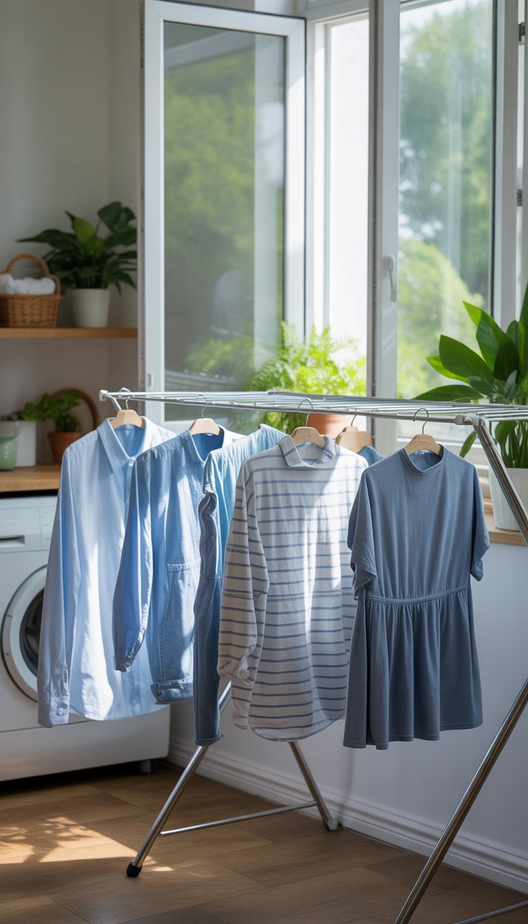 Clothes hanging on a drying rack near an open window in a bright laundry room.