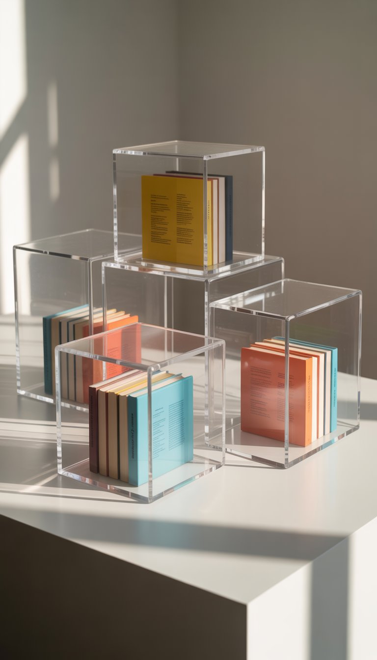 Clear acrylic boxes stacked on a white surface, each filled with colorful books arranged like art pieces.