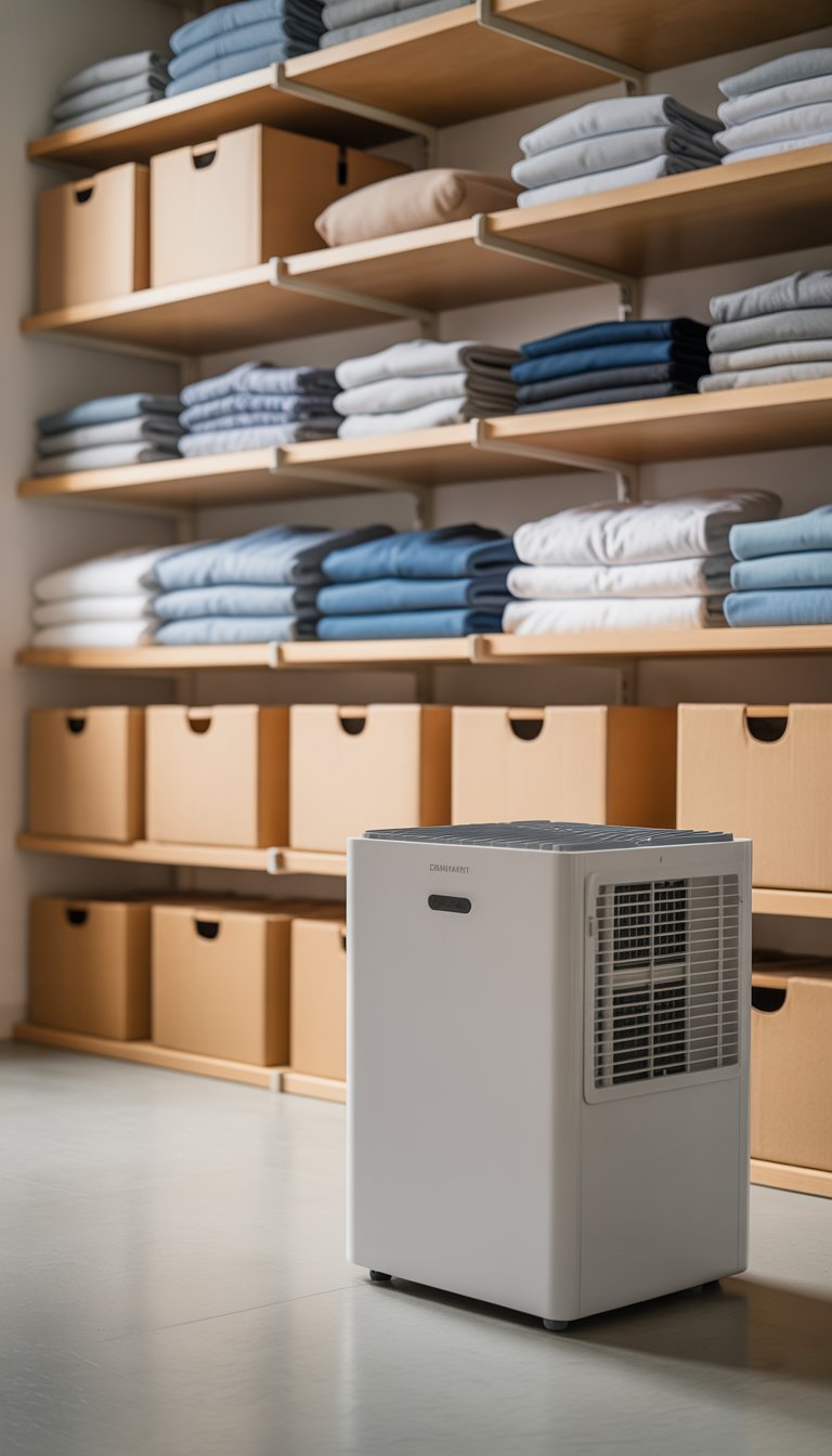 A storage room with shelves of folded clothes and a white dehumidifier on the floor.