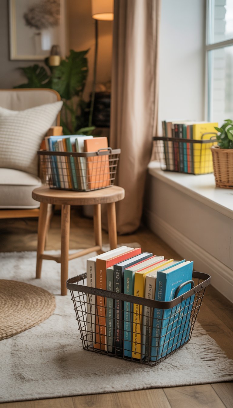 Rustic metal baskets filled with books placed around a cozy living room near an armchair, on the floor, and by a window.