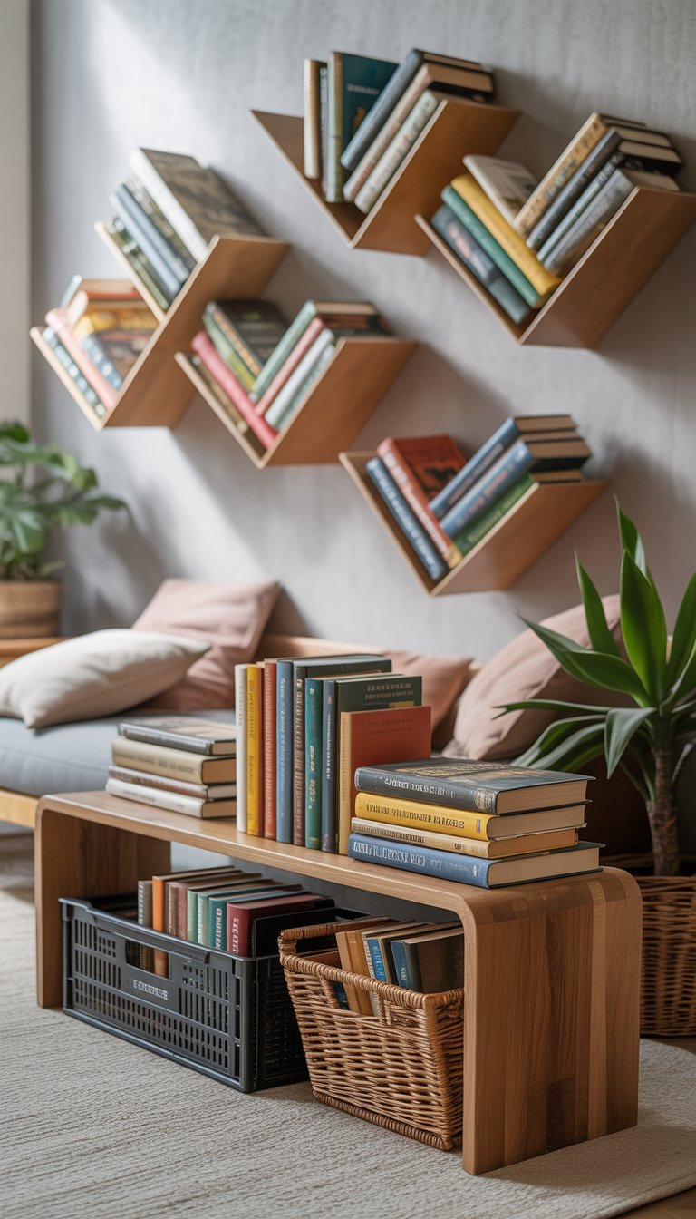 A bright living space showing books stored in crates, baskets, stacked on a bench, and on floating wall shelves without a traditional bookshelf.