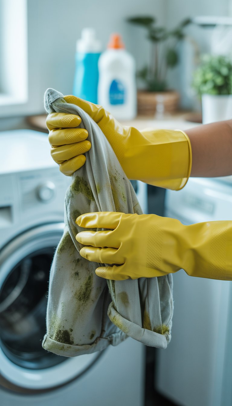 Hands wearing yellow gloves holding moldy clothes in a laundry room.