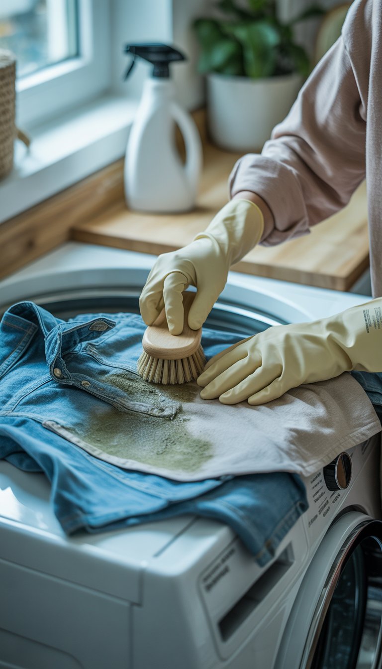 Hands wearing gloves scrubbing moldy clothes in a bright laundry room with cleaning supplies nearby.
