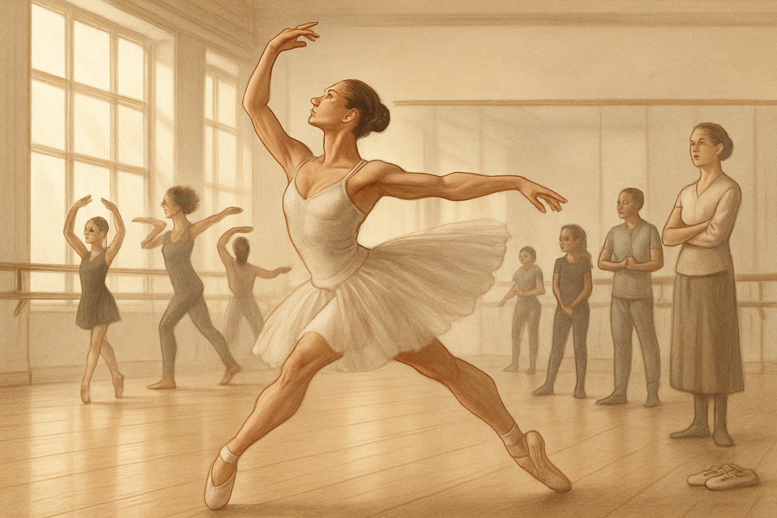 Bir dans stüdyosunda bale yapan bir kadın dansçı ve arka planda farklı yaş ve etnik kökenden dansçılar çalışıyor.