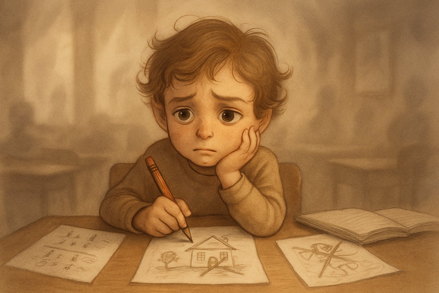 Bir çocuk, hata yapma korkusuyla düşünceli ve endişeli bir şekilde masada oturuyor, çevresinde okul çalışmaları ve çizimler var.