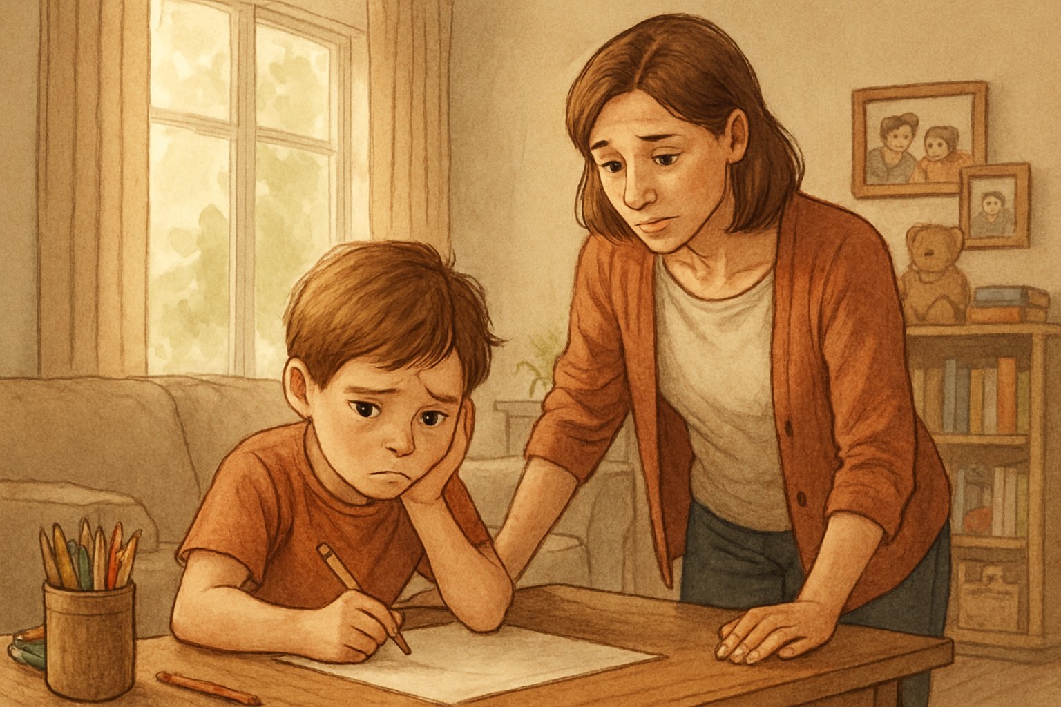 Bir çocuk masada oturuyor, endişeli ve hata yapmaktan korkuyor. Yanında ebeveyni nazikçe onu izliyor, sıcak ve destekleyici bir ev ortamında.