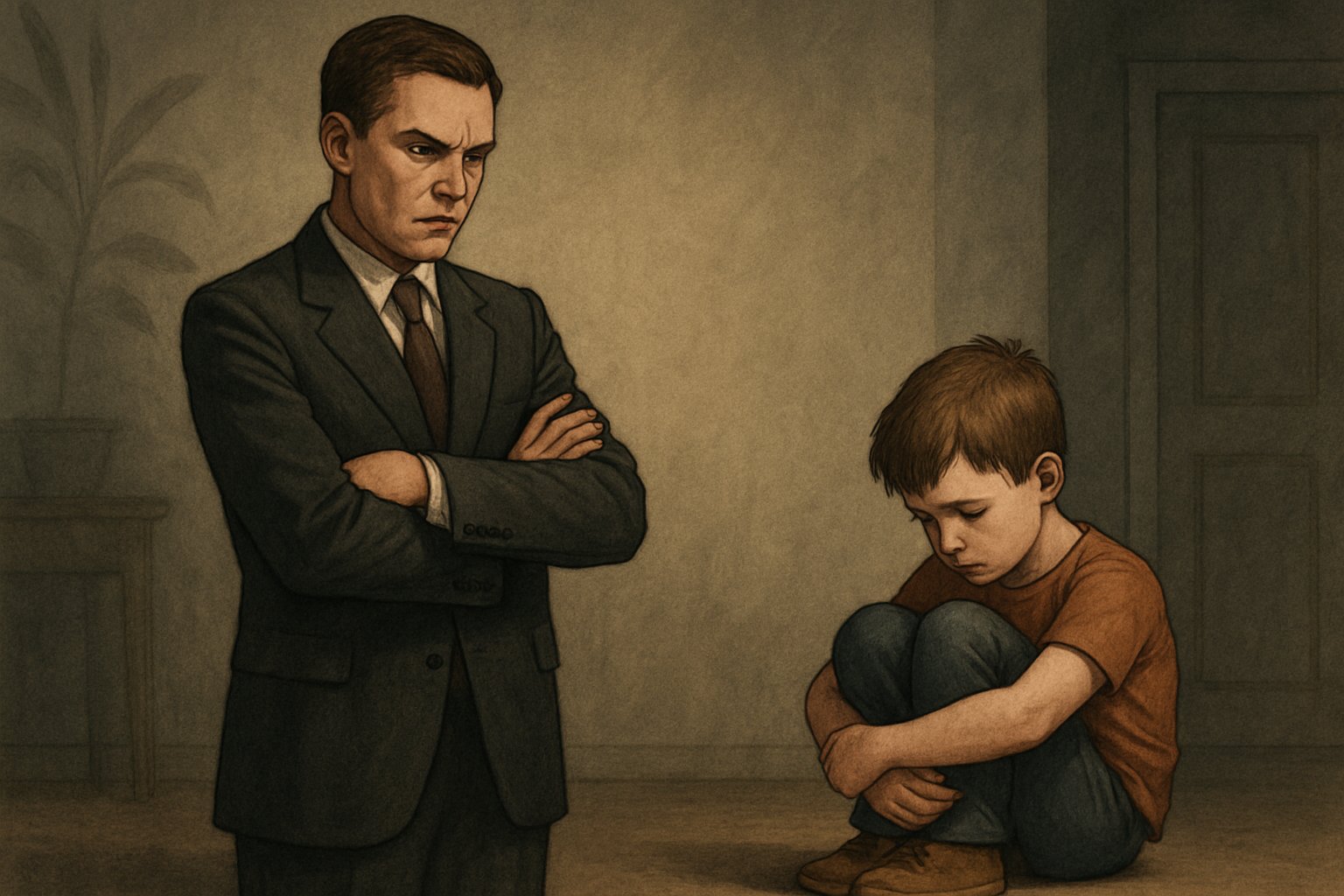 Ciddi bir ebeveyn ve üzgün bir çocuk arasındaki mesafeyi gösteren bir sahne.