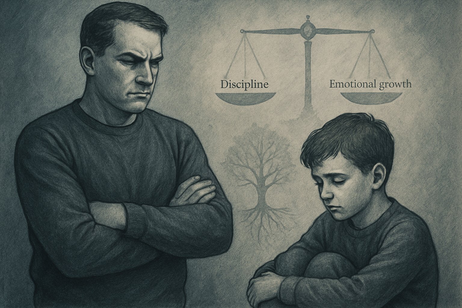 Sert bir ebeveyn ile düşünceli ve çekingen bir çocuk arasında geçen bir sahne.