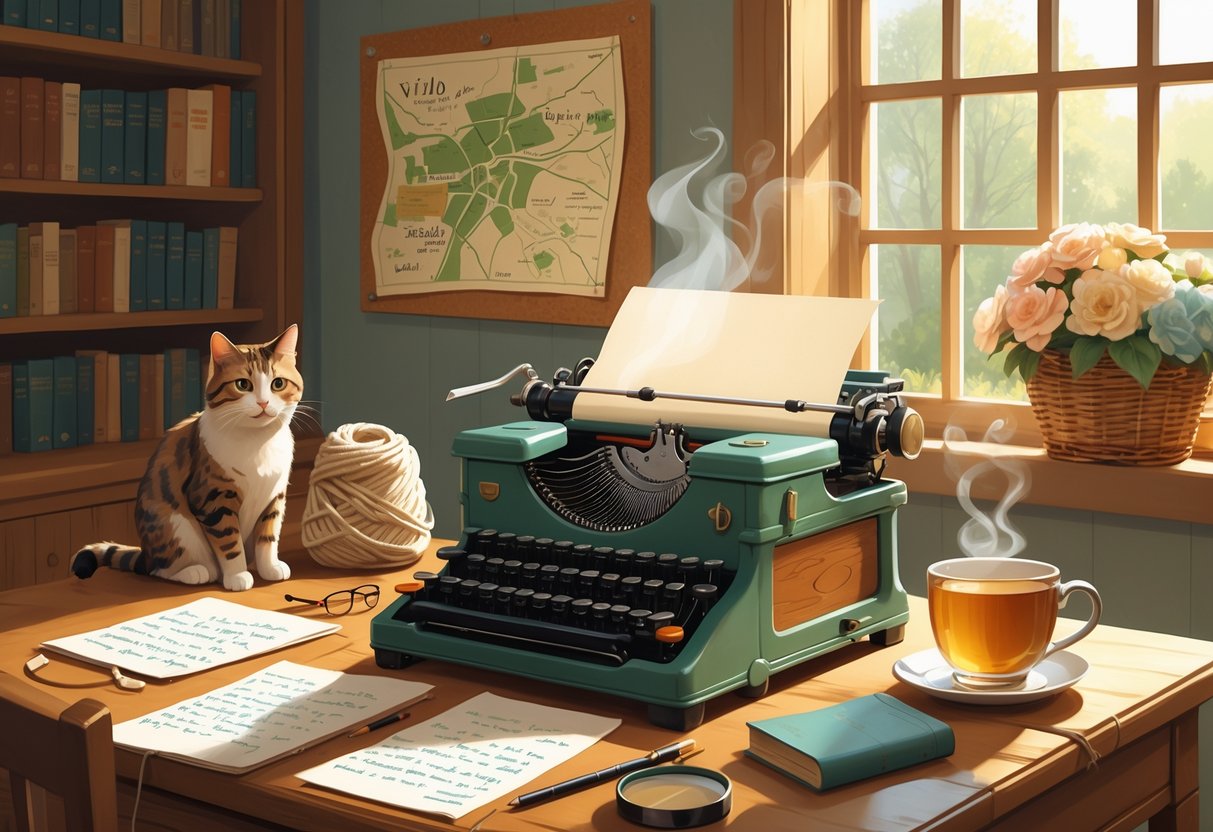 A cozy writer's desk with a typewriter, notes, a cup of tea, a cat, a magnifying glass, and a map in a softly lit room.