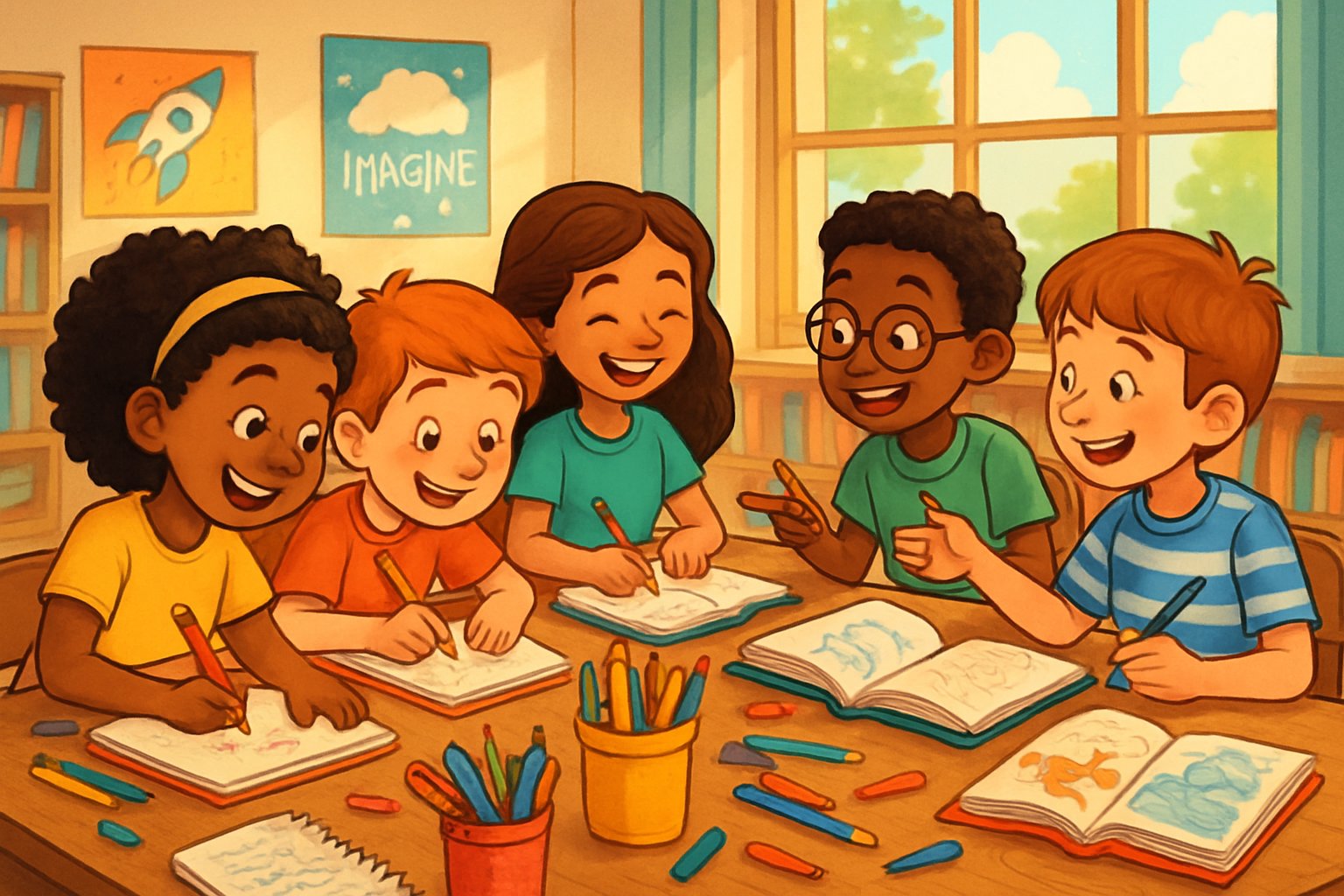 Çeşitli çocukların bir masanın etrafında oturup yaratıcı yazarlık için yazı yazıp çizdiği, kitaplar ve kırtasiye malzemeleriyle dolu bir sınıf ortamı.