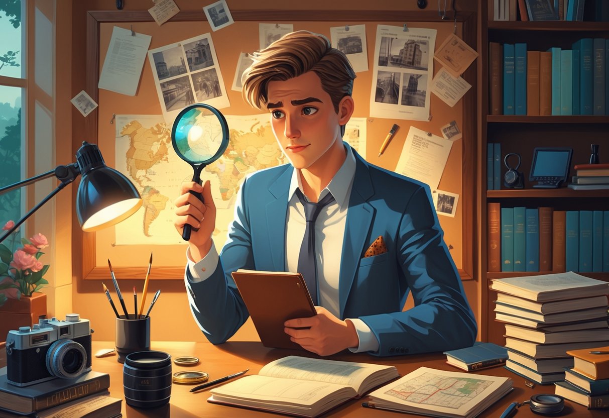 A person in a study room holding a magnifying glass and notebook, surrounded by books, maps, and hobby items like a camera and chessboard, looking focused and curious.