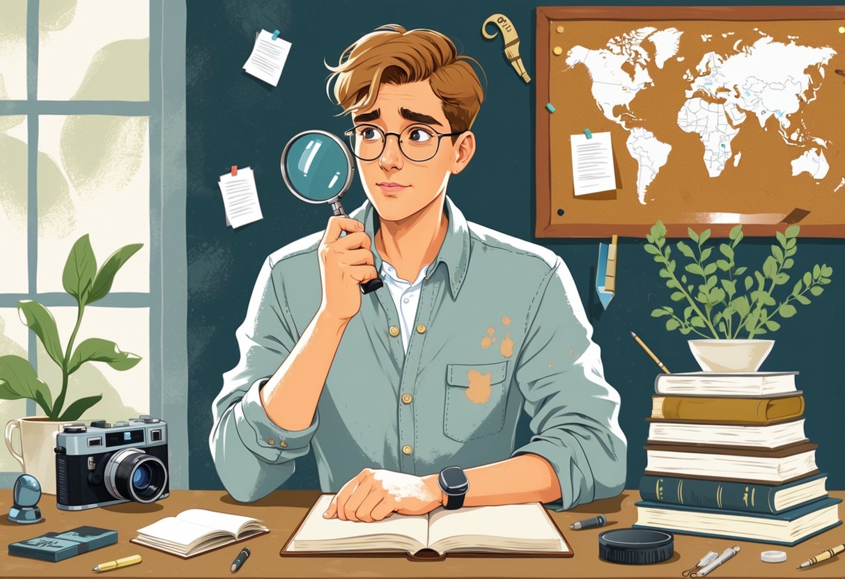 An amateur sleuth holding a magnifying glass and notebook, surrounded by objects like a camera, chessboard, and books in a cozy study with pinned clues on a corkboard.