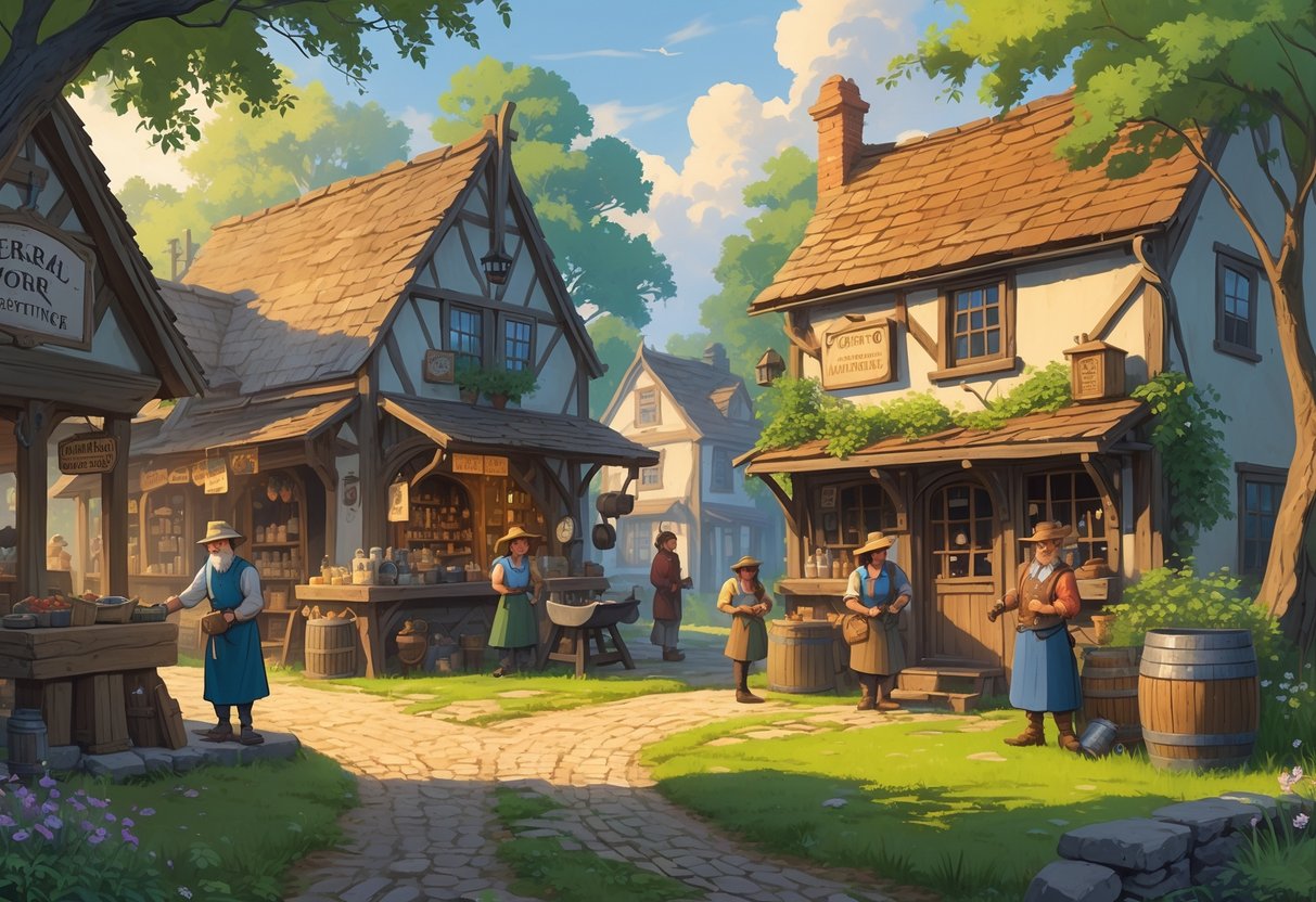 A small village scene with rustic buildings, villagers interacting, trees, and a cobblestone street under warm natural light.