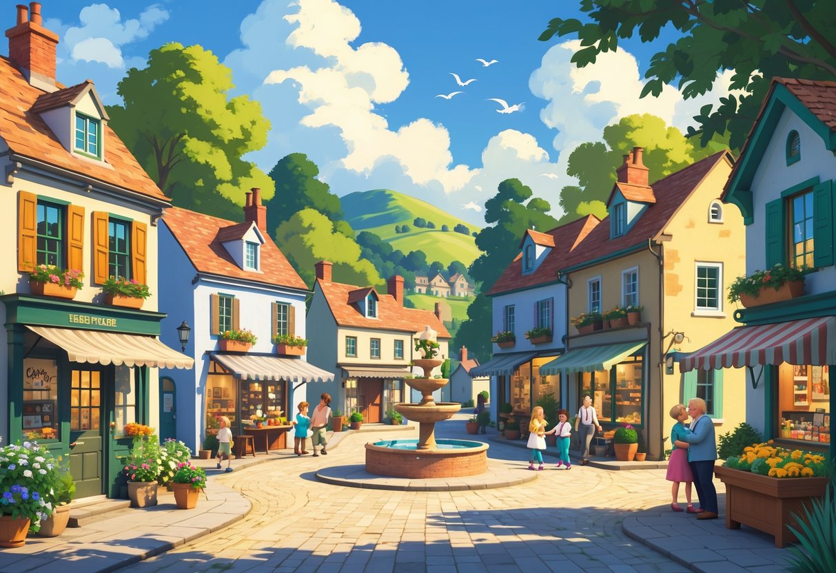 A lively small village street with shops, homes, villagers interacting, a fountain, trees, and hills in the background.