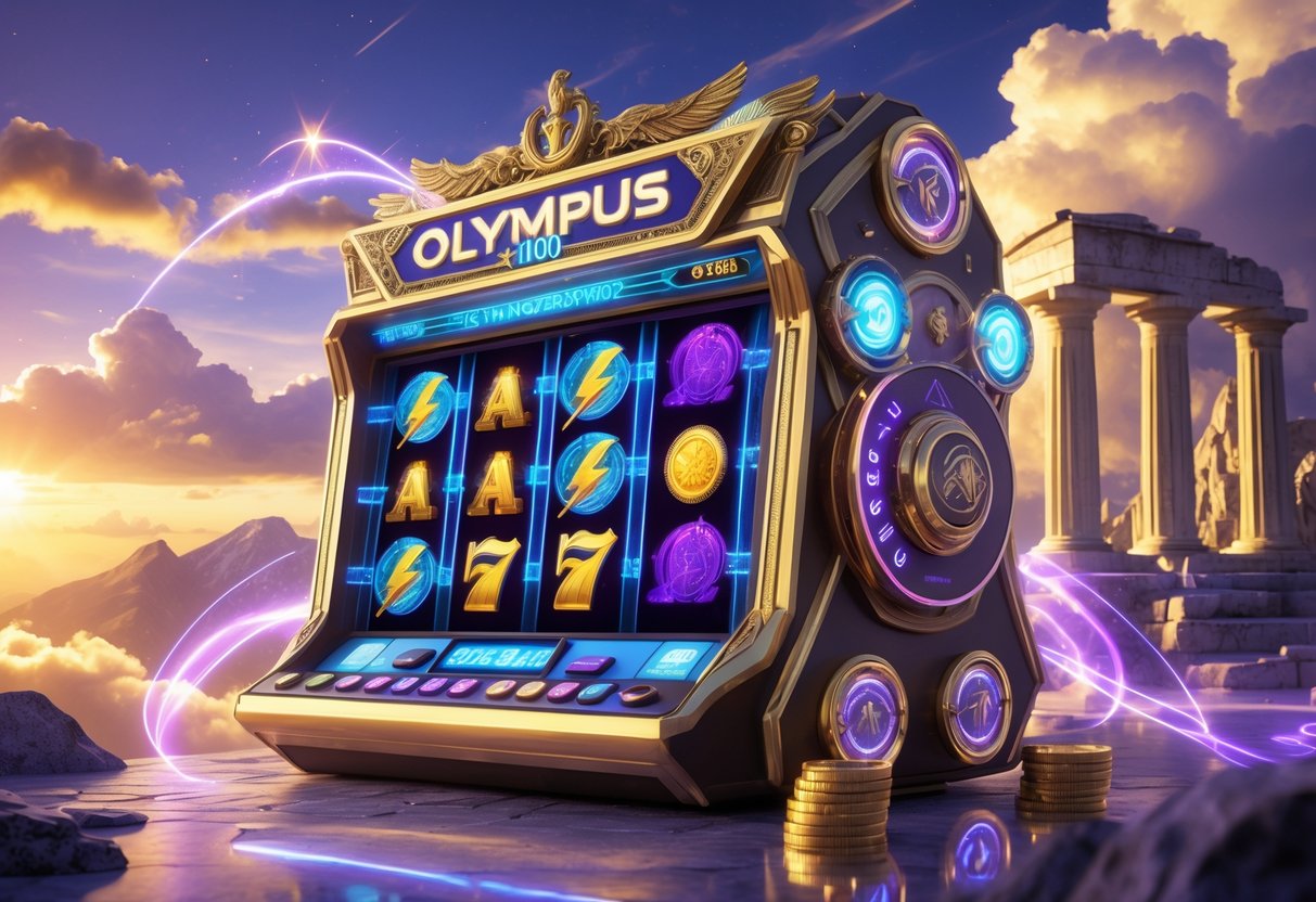 Mesin slot futuristik di puncak gunung Olympus dengan latar langit cerah dan simbol mitologi Yunani di sekitarnya.