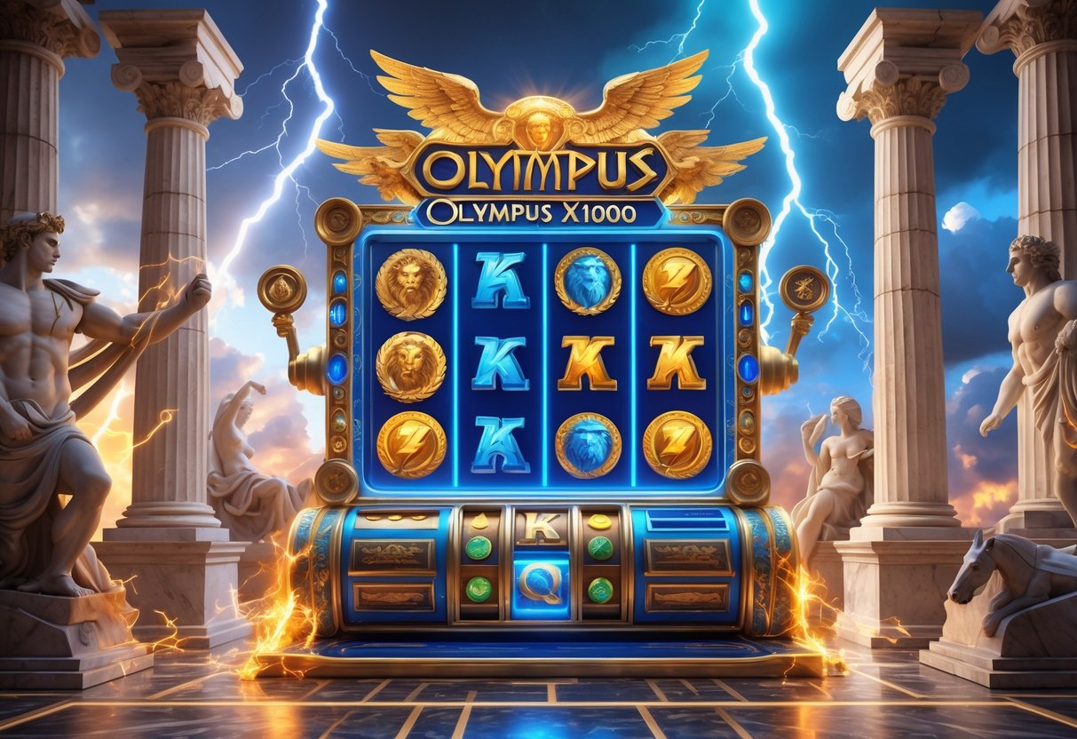 Mesin slot megah dengan simbol petir dan patung dewa-dewa Yunani di latar belakang, dikelilingi tiang klasik dan awan petir.