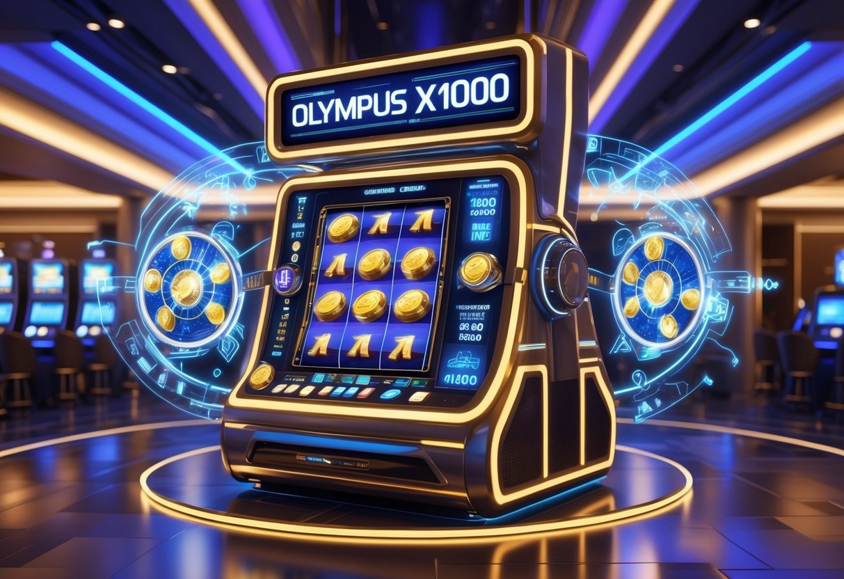 Mesin slot futuristik Olympus X1000 dengan lampu neon dan simbol Yunani kuno di dalam kasino modern yang terang dan ramai.