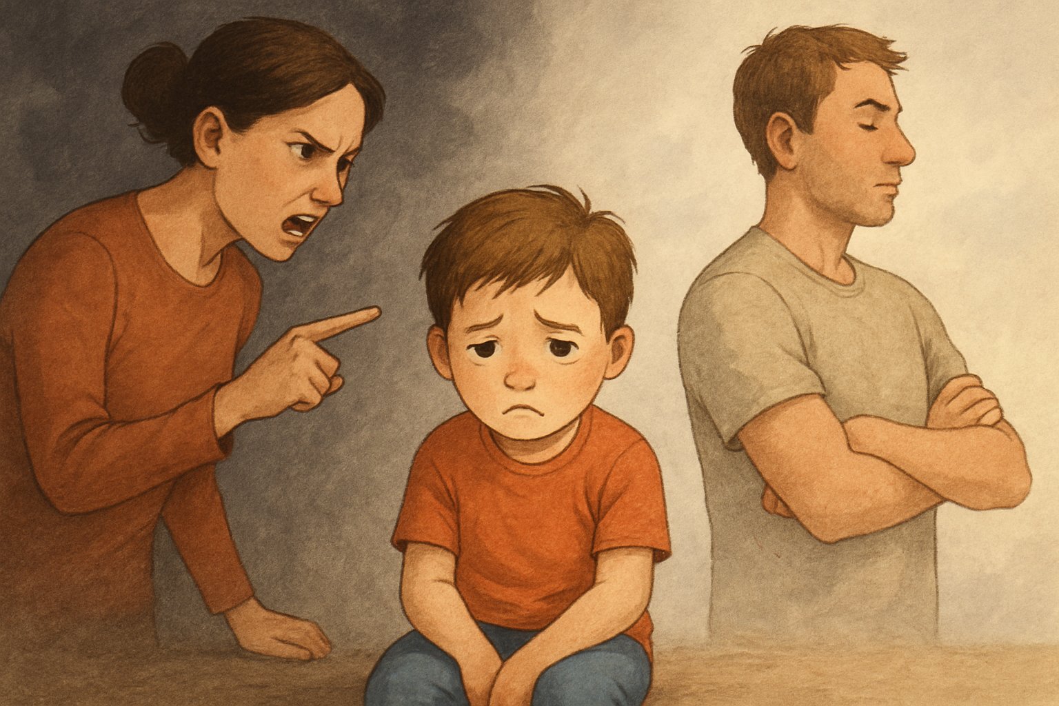 Orta yerde üzgün ve kafası karışmış bir çocuk, bir yanında sert bakan anne, diğer yanında ilgisiz duran baba yer alıyor.