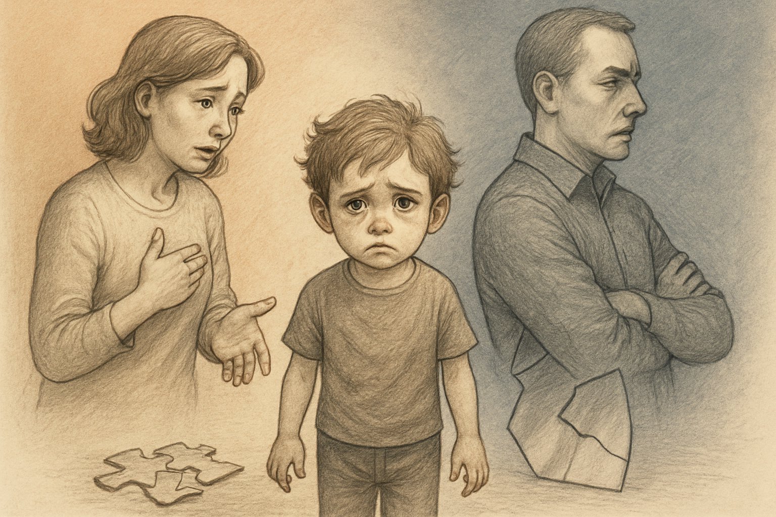 Bir çocuk, tutarsız davranan iki ebeveynin arasında duruyor, çocuk kafası karışmış ve üzgün görünüyor.