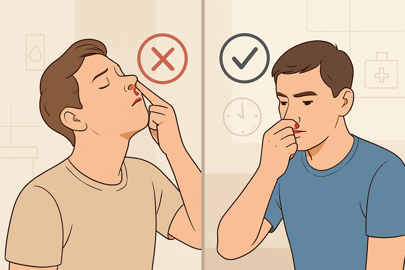 Burun kanamasında yanlış ve doğru uygulamaları gösteren, bir kişinin yanlış şekilde başını geriye eğip burun deliklerini yanlış tuttuğu, diğer kişinin doğru şekilde öne eğilip burun yumuşak kısmını tuttuğu sahne.