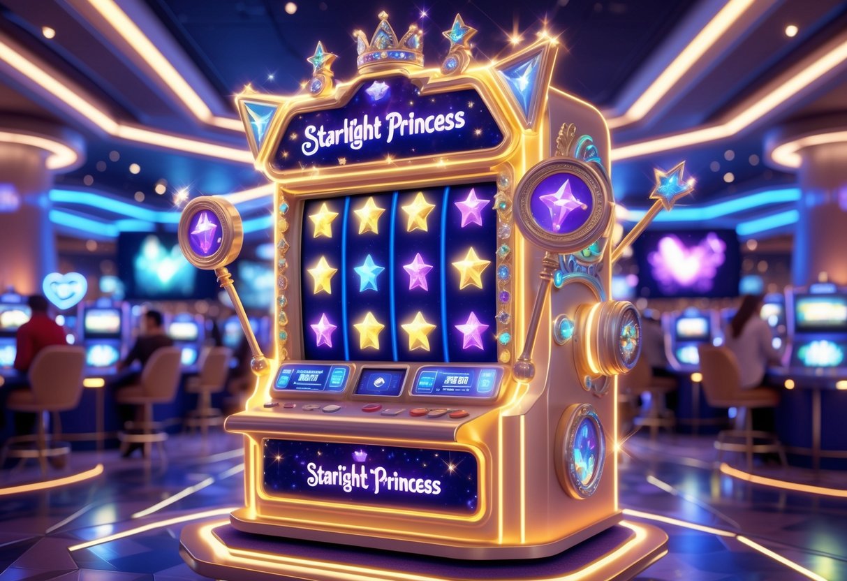 Mesin slot bertema putri bintang yang berkilauan di dalam kasino dengan lampu neon dan pemain yang sedang bermain.