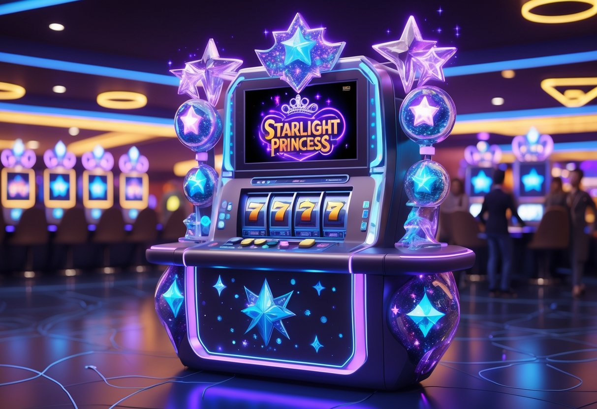 Mesin slot bertema Putri Cahaya dengan lampu warna-warni dan latar kasino futuristik yang ramai.