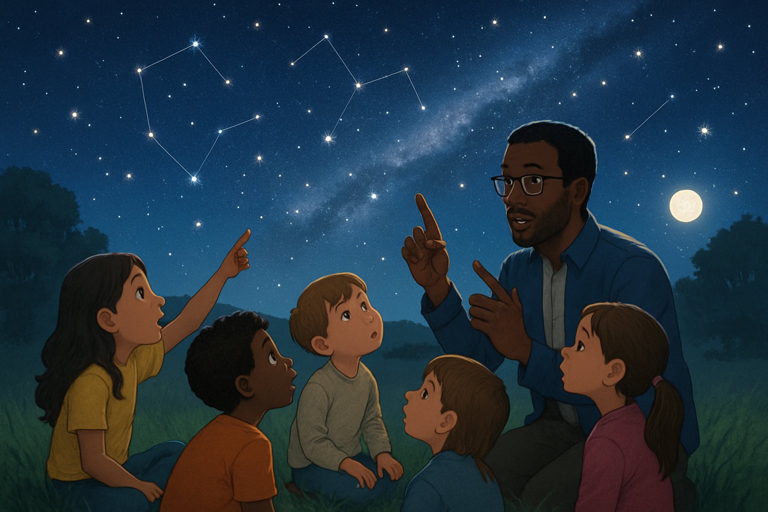Gece açık bir alanda, çocuklar yıldızlara bakıyor ve bir yetişkin onlara gökyüzünü anlatıyor.