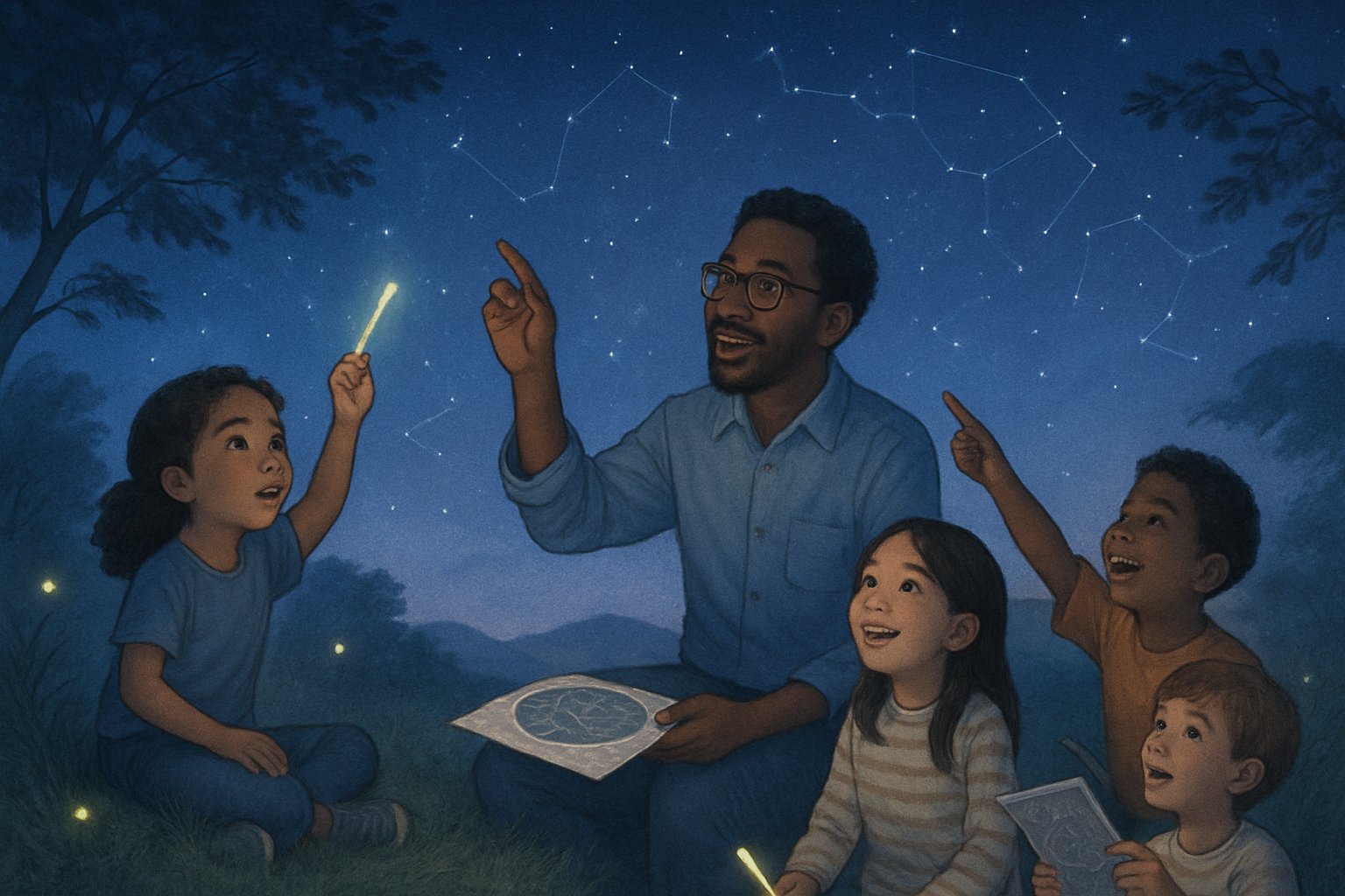 Gece açık bir alanda, çocuklar ve bir yetişkin yıldızları çıplak gözle izliyor ve öğreniyor.