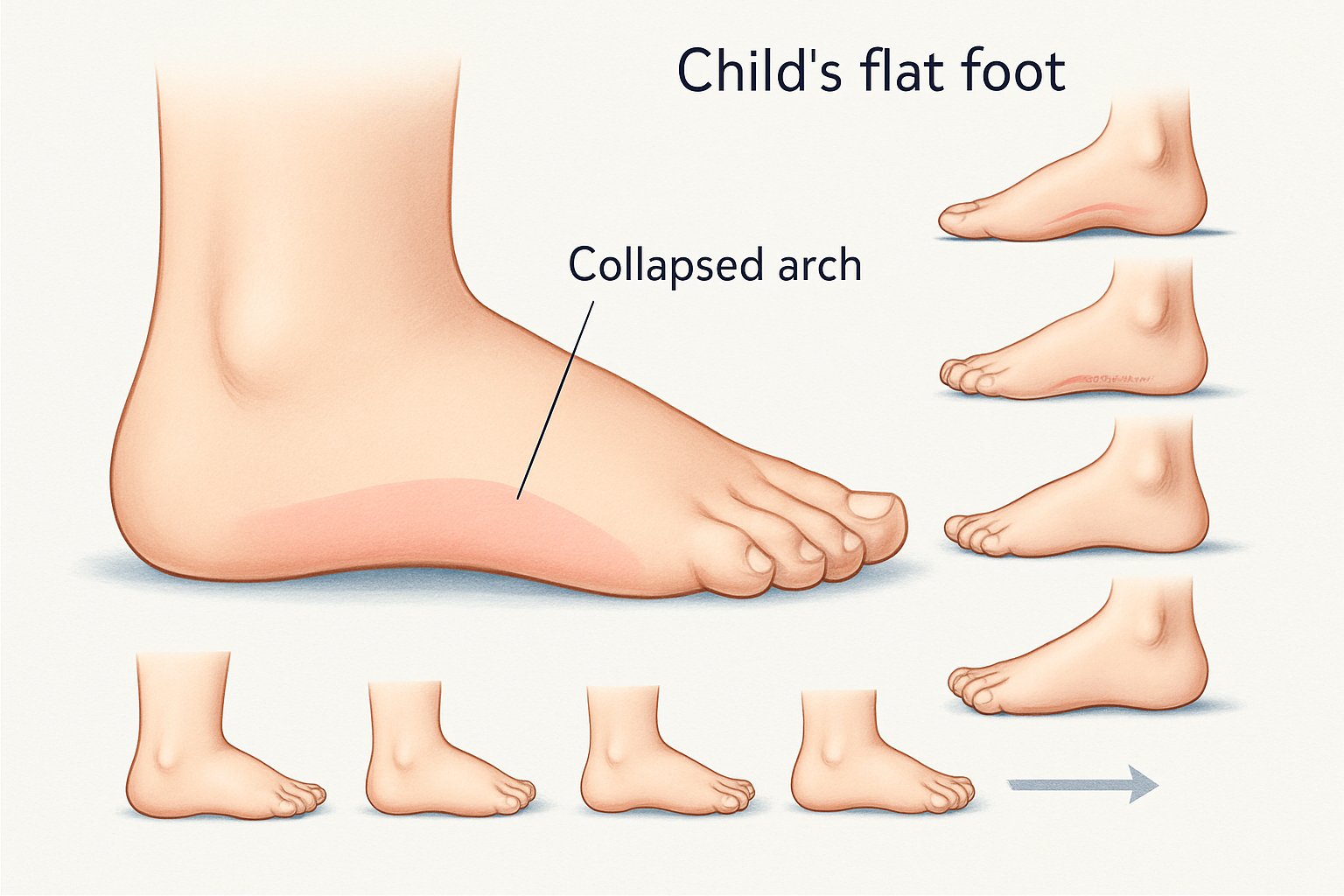 Çocuk ayağının yandan görünümü, düz tabanlık durumu ve farklı düz tabanlık türlerini gösteren ek küçük çizimler ile birlikte, düz tabanlığın çocuklarda zamanla nasıl düzeldiğini anlatan gelişim aşamalarını içeren bir sahne.