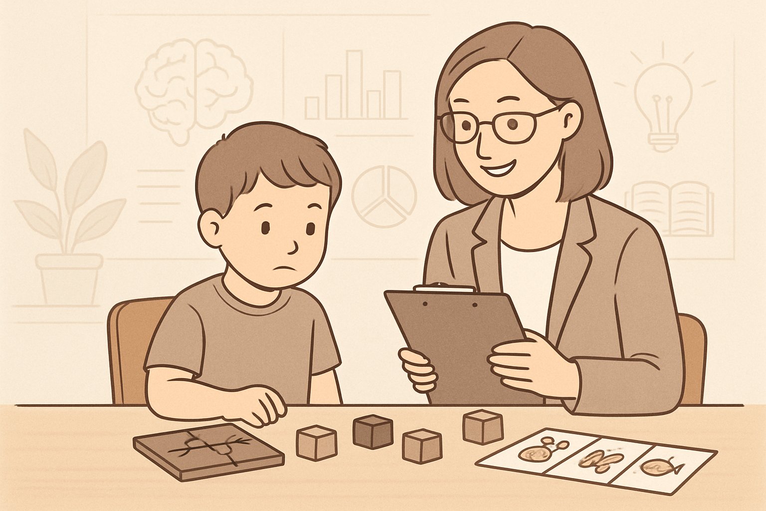 Bir çocuk, bir uzman eşliğinde değerlendirme testi yapıyor, masada çeşitli test materyalleri bulunuyor.