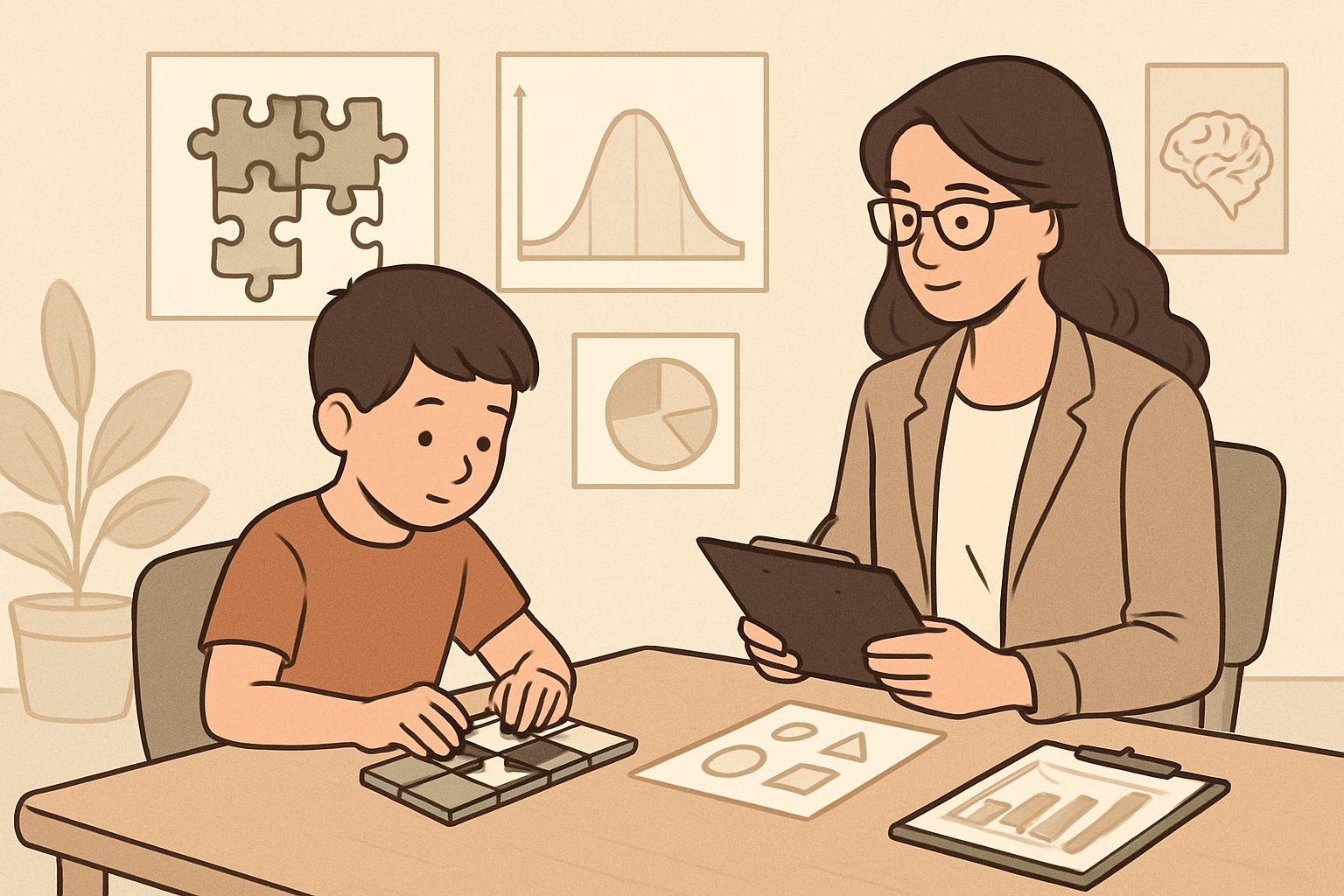 Bir çocuk ve bir uzman, çocuk değerlendirme testi yaparken bir masada oturuyor.