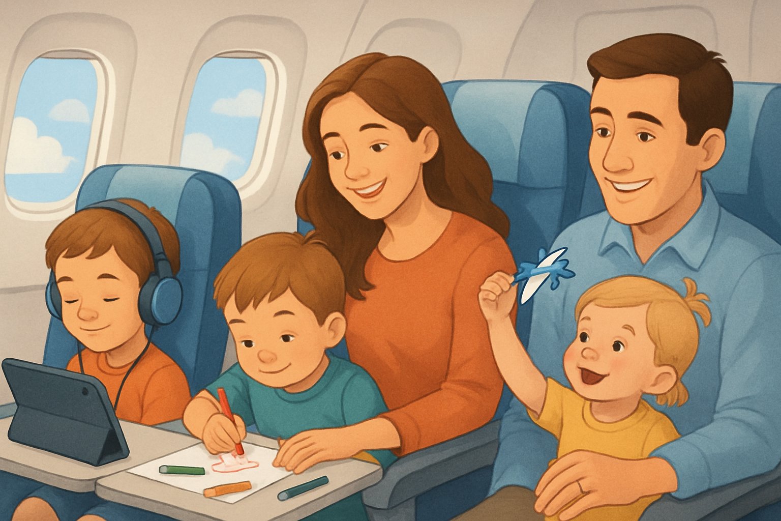 Uçak kabininde çocukların tablet izleyip, resim yapıp ve oyuncaklarla oynadığı, aileyle birlikte yolculuk yapan bir sahne.