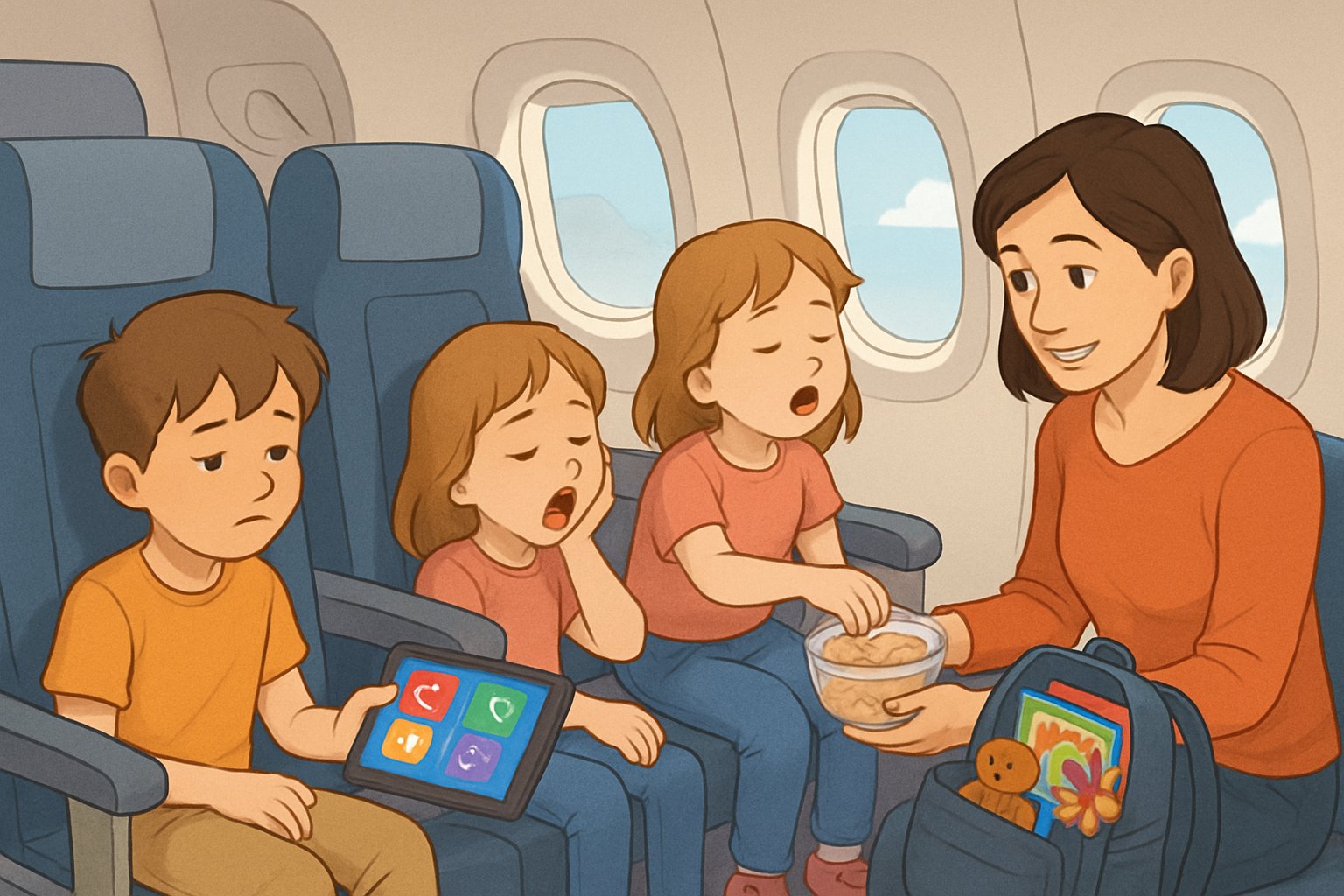 Uçakta oturan çocuklar ve onları oyalayan ebeveynler, çocukların sıkılma nedenlerini ve eğlenceli aktivitelerle meşgul edilmelerini gösteren bir sahne.