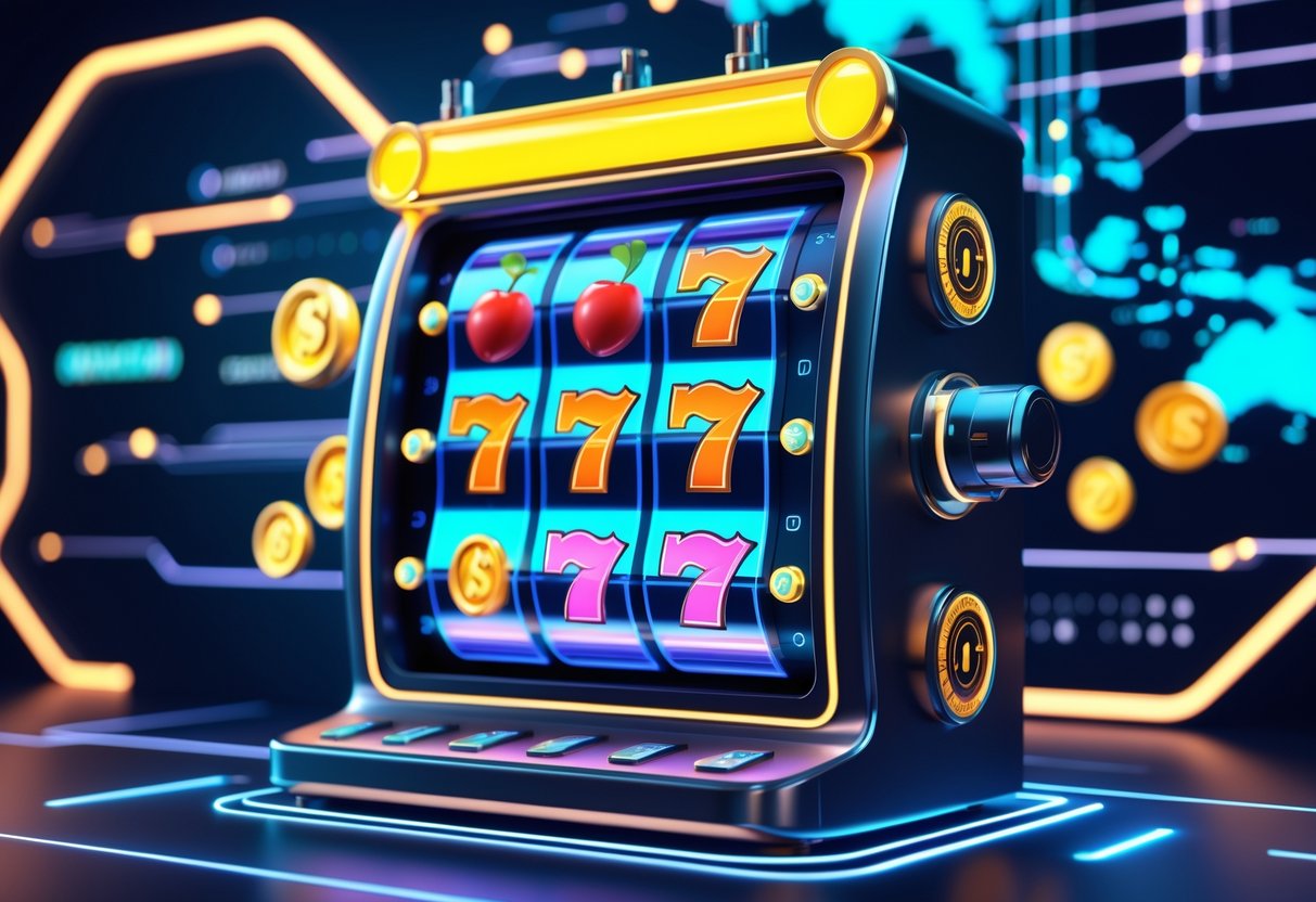 Tampilan mesin slot online modern dengan latar belakang jaringan digital dan peta Indonesia yang menyimbolkan platform slot terpercaya.