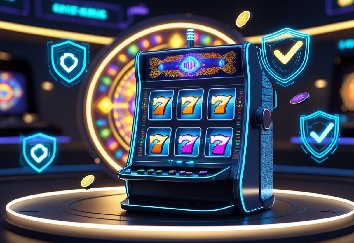 Sebuah mesin slot modern dengan latar belakang bertema kasino virtual dan elemen holografik yang menunjukkan keamanan dan kepercayaan.