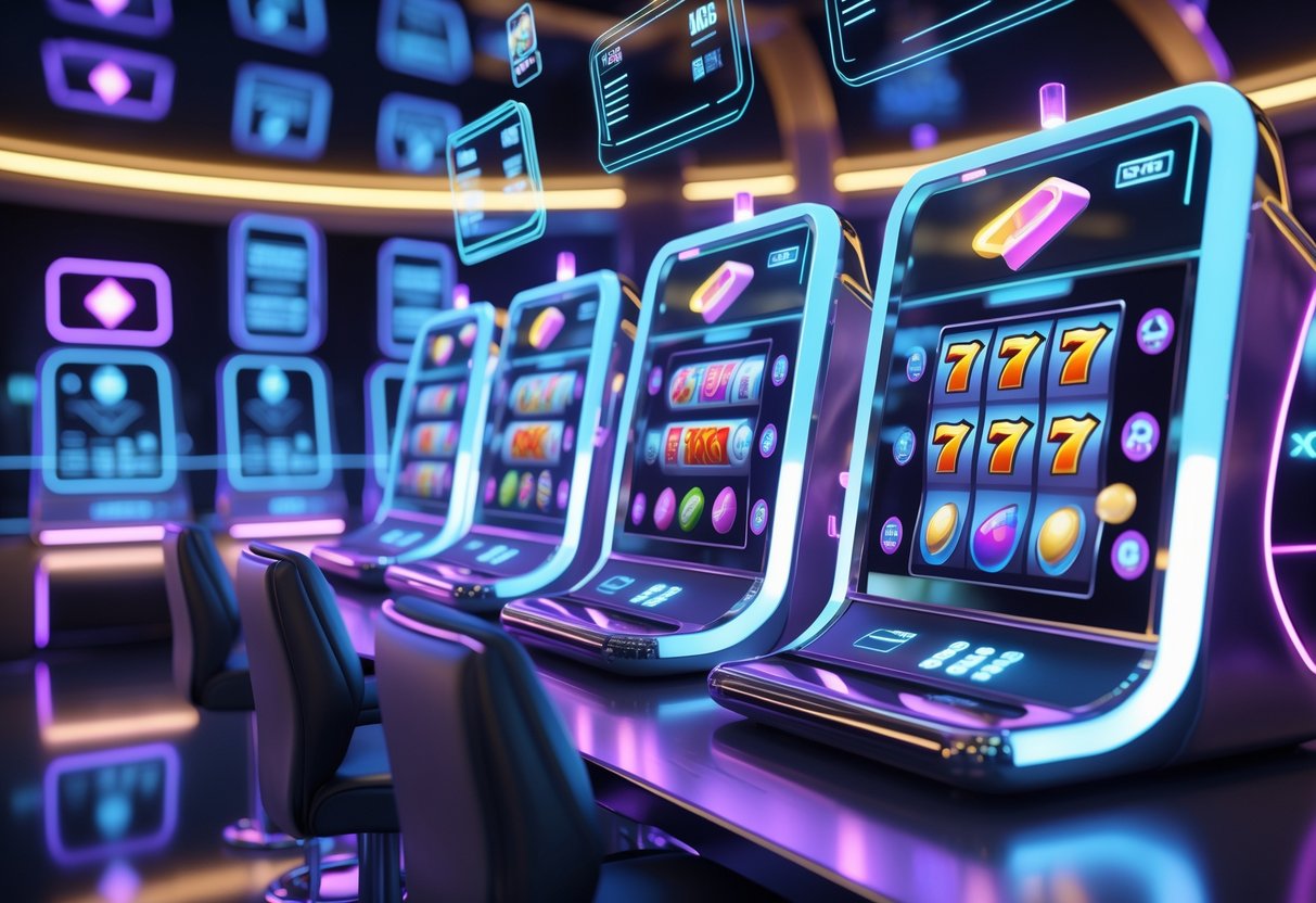Sebuah ruang kasino digital dengan mesin slot futuristik yang menyala dan layar transparan, dikelilingi oleh panel data holografik yang menunjukkan keamanan dan kepercayaan.